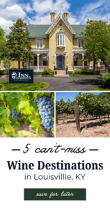 The yellow exterior of the Inn at Woodhaven, a bunch of green grapes, and a vineyard with a row of grape vines.